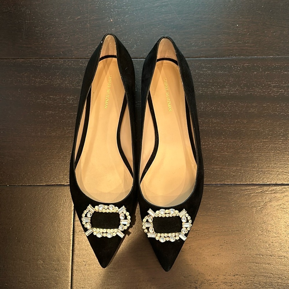 Stuart Weitzman Eloise black suede flat size 41/10.5 Holiday perfection!